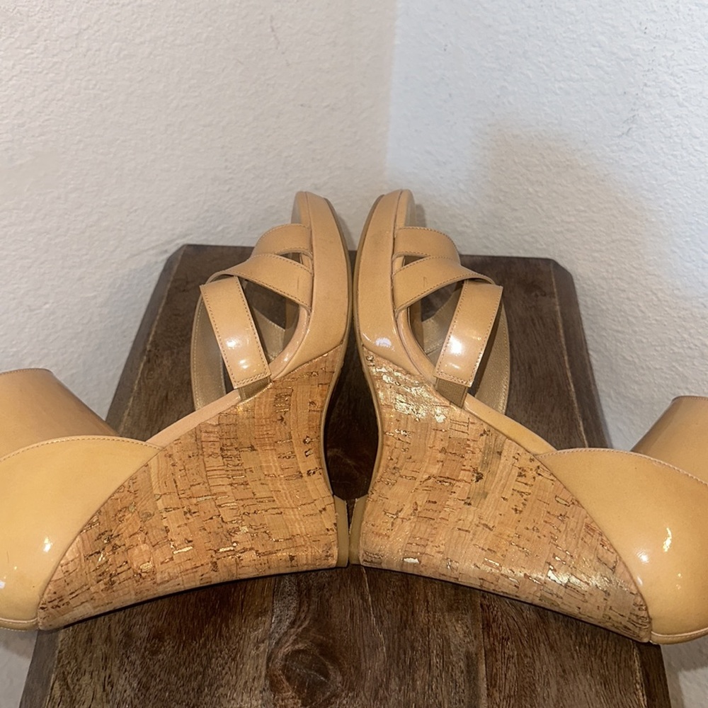 STUART WEITZMAN HILDA Sandal Metallic Cork Wedge Adobe Aniline Patent Size 9M - Picture 10 of 17